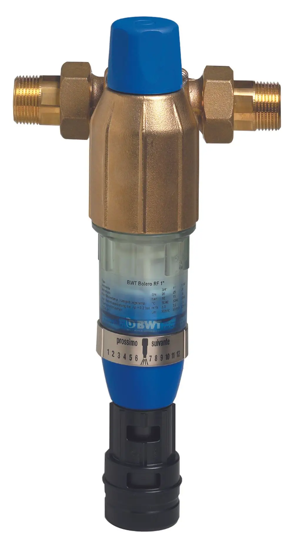 BWT-Rückspülfilter mit blauem Deckel und transparentem Gehäuse. Verbindungen aus Messing, einstellbarer Durchflussmesser an der Unterseite.